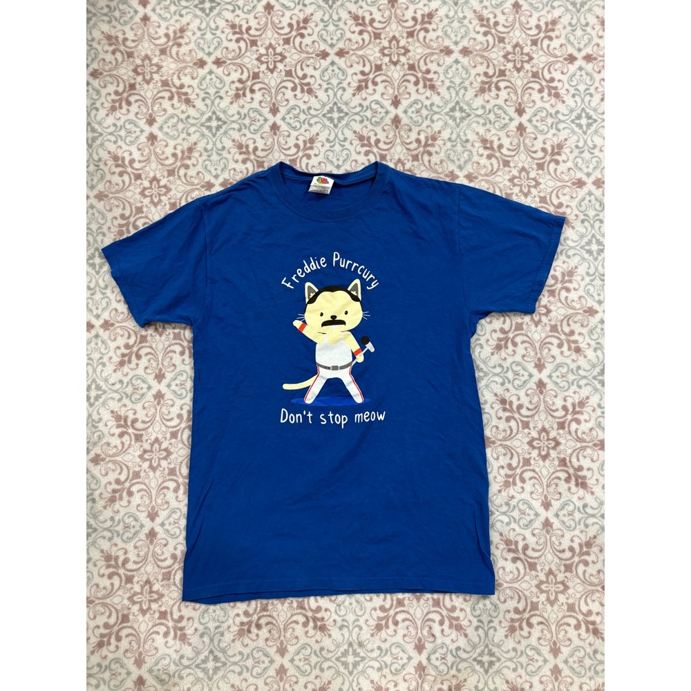 Fruit of the Loom Freddie Purrcury Cat Queen Parody Blue T-Shirt Small
